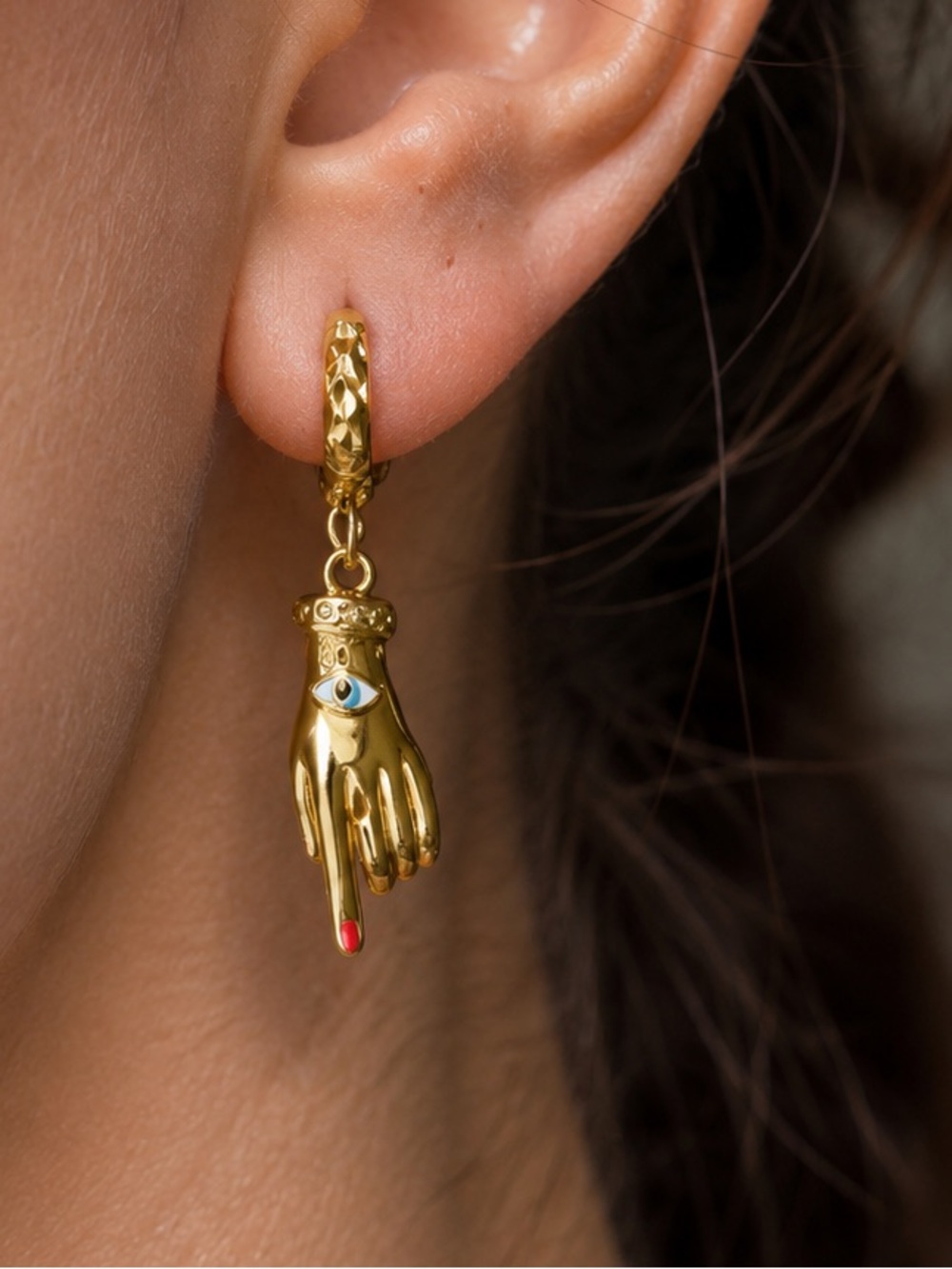 Hand Charm Drop Earrings with Evil Eye Motif - Women Jewelry